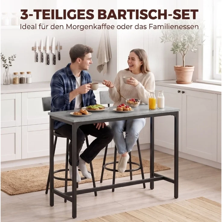Bartisch-Set, 3-teilig mit 2 gepolsterten Barhockern, 100x40x90,5 cm, Grau – Bild 9