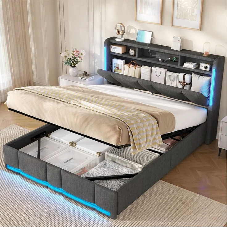 MSMASK Polsterbett Hydraulischem Stauraumbett mit LED Beleuchtung & Steckdosen (1-tlg, Ohne Matratze), Reichlich Lagerplatz unter dem Bett & am Kopfteil, 140x190 cm – Bild 2
