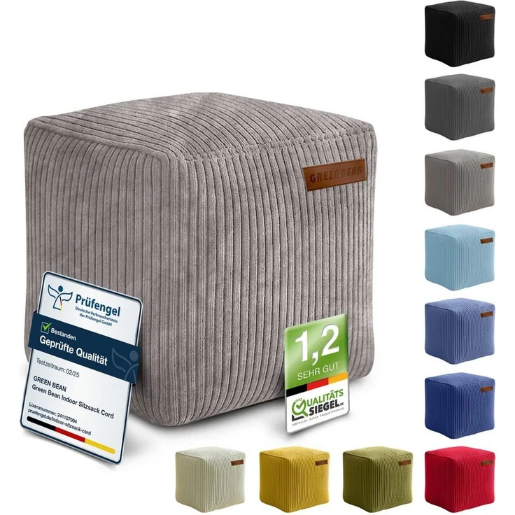 Green Bean Pouf Cube Cord (Indoor Sitzhocker Sitzkissen Fußhocker Relax-Sessel, Made in Germany), die ideale Ergänzung zum Sitzsack – Bild 1