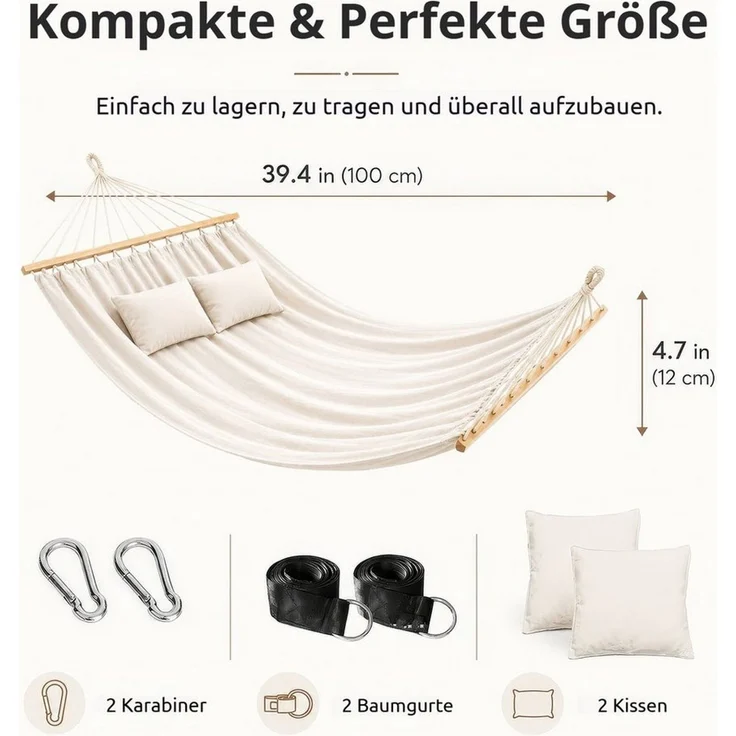 BlingBin Hängematte 2-Personen XXL Doppelhängematte mit Holzspreizstäben & 2 Kissen (1er Set, 1 St, 200*150cm), bis 240 kg Tragkraft für Garten und Balkon – Bild 2