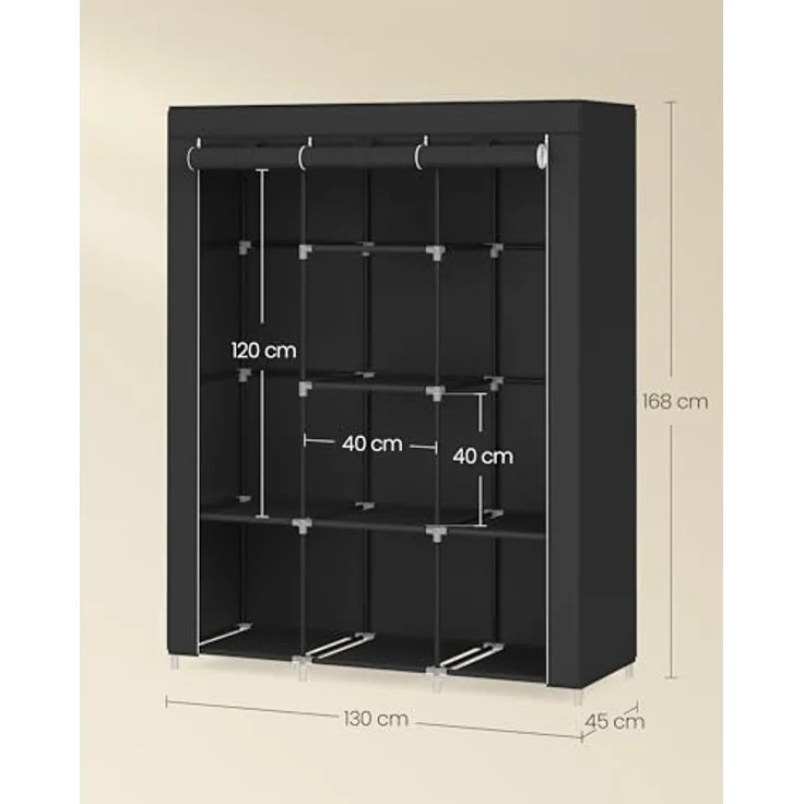 Songmics Kleiderschrank, Garderobe, Kleiderständer mit Vliesstoffbezug, Hängestangen, Ablagen, 45 x 130 x 168 cm, große Kapazität, für Schlafzimmer, Wohnzimmer, tintenschwarz RYG096B01 – Bild 7