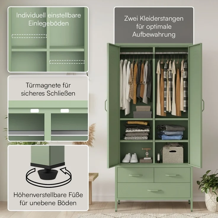 skølm 'Atria' Kleiderschrank mit 3 Schubladen, Metall, 170x45x80 cm, grün, Garderobe mit 4 Fächern und 2 Kleiderstangen – Bild 3