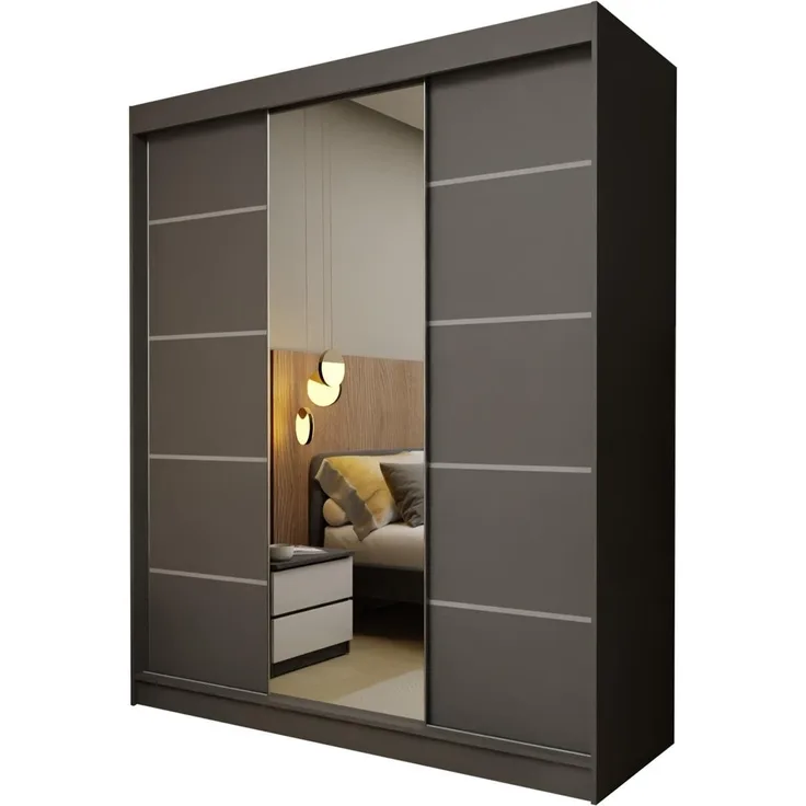 Compleo Schwebetürenschrank 180 cm breit NAPOS, zeitlos Stil, Garderobe mit Spiegel