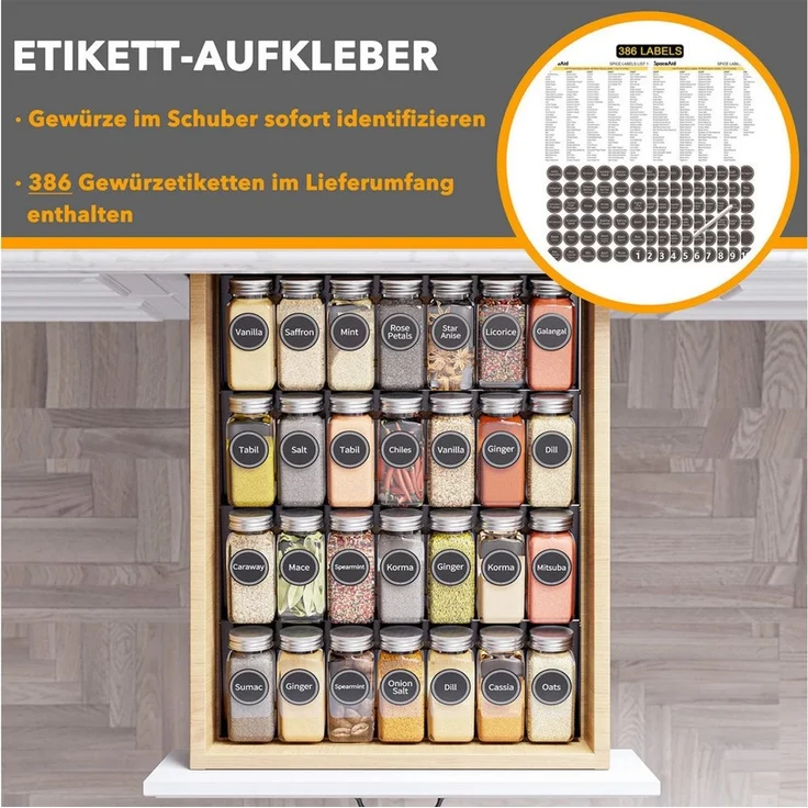 SpaceAid Gewürzregal 4 Etagen Gewürzregal Schubladen, 386 Gewürzetiketten, Kreidemarker und Trichter, 33 cm (B) x 44,5 cm (T)​ – Bild 3