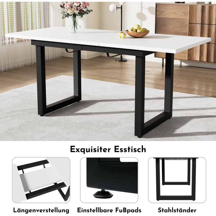 Moderner Esstisch mit Ausziehfunktion und Stahlrohr-Gestell, 80x180x75 cm, Weiß+Schwarz – Bild 4