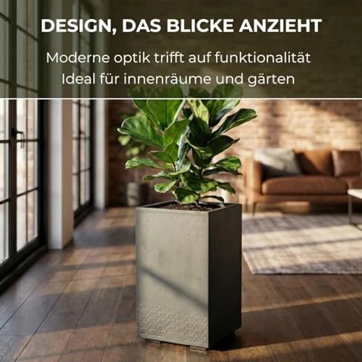 LAMELA Pflanzkübel mit Rollen Höhe 60 cm, 36L – Blumentopf aus Kunststoff in Betonoptik – Übertopf mit Wasserablauf – Modern für Innen & Außen - Wetterfest & Pflegeleicht, Antrazit – Bild 4