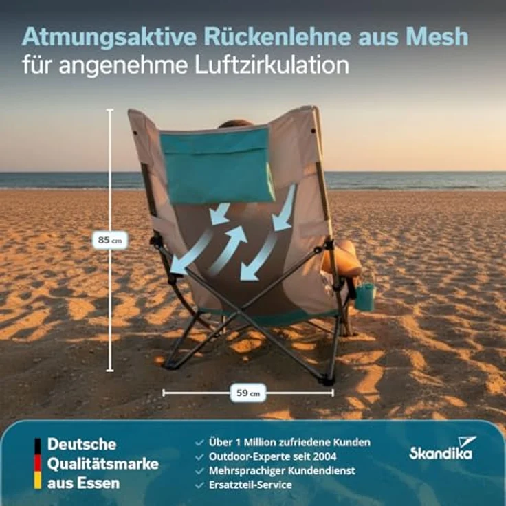Skandika Strand Klappstuhl Beach | Bequemer Strandstuhl mit atmungsaktivem Mesh, Getränkehalter, niedrig, leicht zu transportieren, max. 136 kg | Faltbarer Campingstuhl, Liegestuhl (beige/türkis) – Bild 5