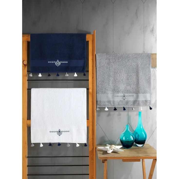 Handtuch-Set (3-teilig), 'Asorti', Dunkelblau, Weiß, Grau