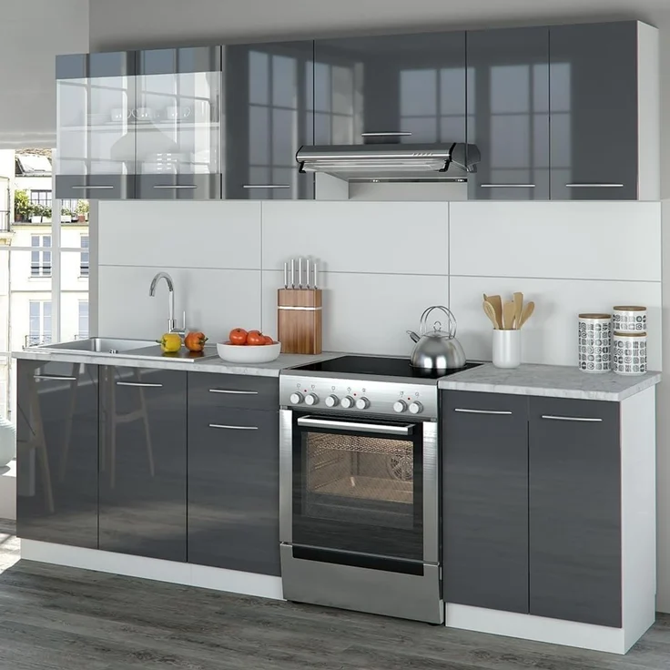 Küchenzeile R-Line Anthrazit Hochglanz/Weiß 240 cm, AP Marmor Vicco – Bild 2