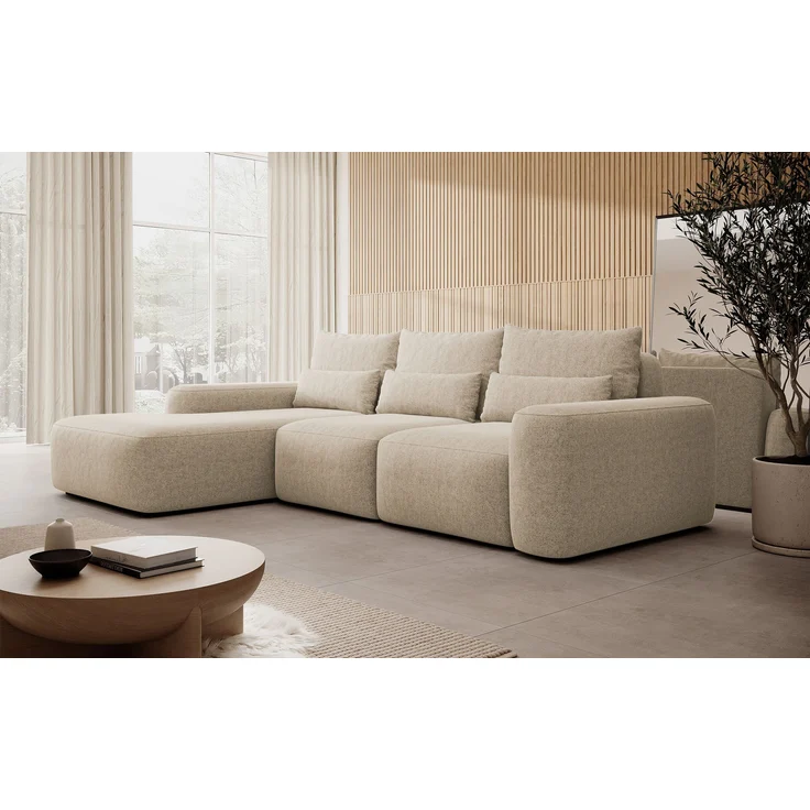 Selsey 'Carnos' Ecksofa mit Schlaffunktion, Lendenkissen, Chenille, Beige, links – Bild 3