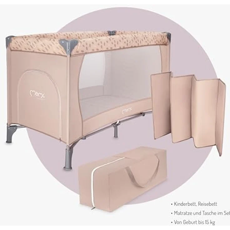 Momi BELOVE Reisebett für Kinder bis 15 kg Körpergewicht, B65 x L125 x H78 cm (faltbar 21 x 23 x 80 cm), Kinderreisebett mit Matratze, 2 Rädern, Transporttasche – Bild 4
