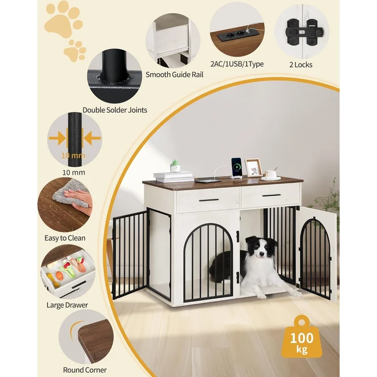 Hzuaneri Hundekäfig, mit 2 Schubladen, für den Innenbereich mit Ladestation, Beistelltisch, für mittelgroße/große Hunde, Holz Weiß Braun, 100 × 60 × 81 cm – Bild 8