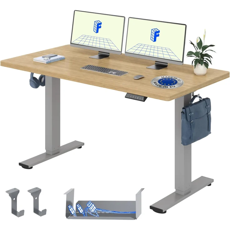 FLEXISPOT Höhenverstellbarer Schreibtisch elektrisch 160×80cm– Schreibtisch in Heller Eichenoptik, 25 mm Tischplatte, leiser Motor für Homeoffice & Wohnräume (Natur-Eiche Optik, Grau Gestell)