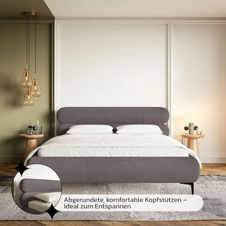 Selsey Polsterbett 140x200 cm Cord Braun – gepolstertes Bett 140x200 mit Lattenrost, stabiles Bettgestell mit schwarzen Metallfüßen, modernes Doppelbett im zeitlosen Design fürs Schlafzimmer – Bild 6