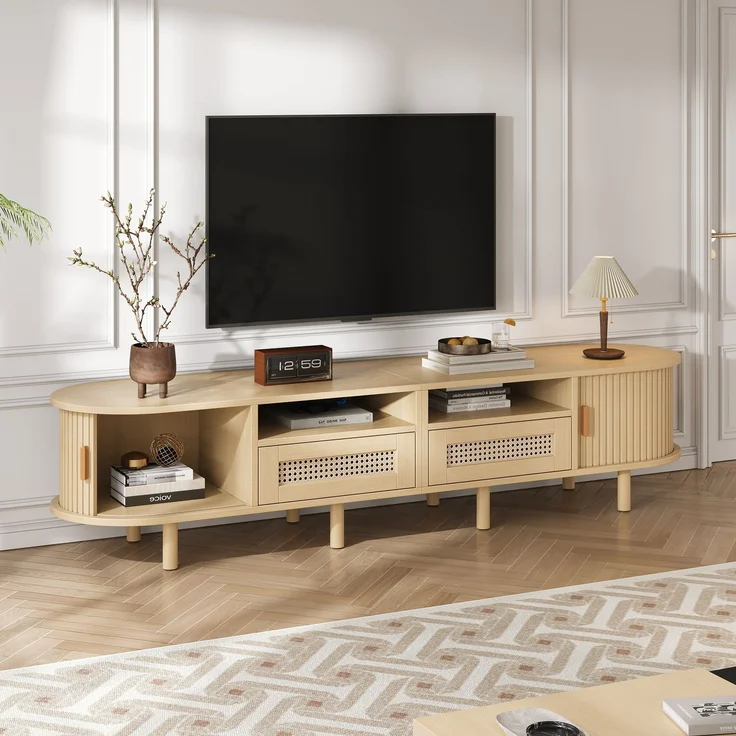 TV-Schrank 170 cm Ovale TV-Bank mit Rattanoptik Schubladen Schiebetüren Lowboard Holzlook Wohnzimmer Kompakter Retro-Stil 8 Beine – Bild 3