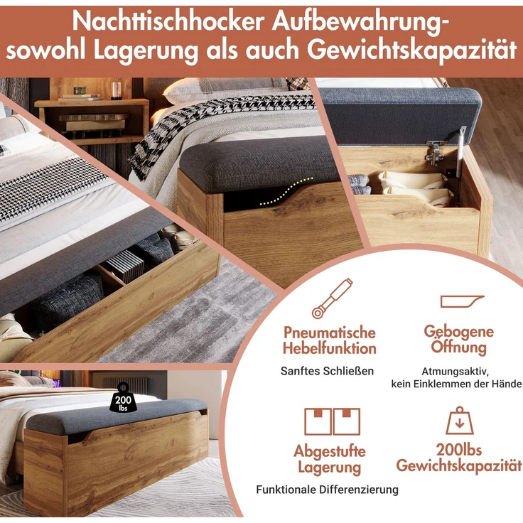 EINHOM Doppelbett Polsterbett 180 x 200 cm, Bettanlage mit Leselampe und USB C Nachttisch und Sitzbank mit Stauraum, Bettgestell mit Lattenrost aus Metall, Holz und Leinen, Eiche, (Ohne Matratze) – Bild 7