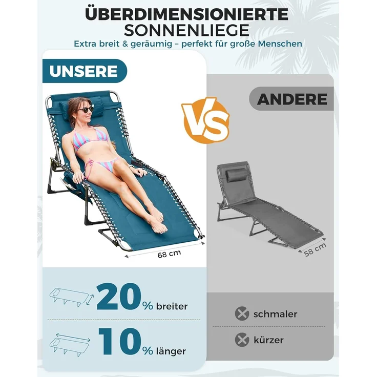 KingCamp Übergroße Sonnenliege Klappbar 5-Fach Verstellbar Gartenliege Liegestuhl Dreibeinliege Liege Campingliege mit Kopfkissen und Seitentasche bis 150 kg für Garten Urlaub Strand Pool 200x68 cm – Bild 7