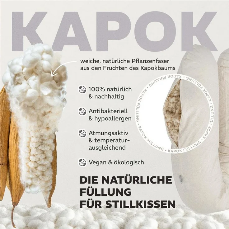SEI Design Stillkissen Kapok-Füllung XXL 190x35 cm, Musselinbezug Bio-Baumwolle, ergonomisch, Schwangerschaftskissen mit Bezug, Seitenschläferkissen mit Kapok-Füllung, 100% Naturkissen, Musselin-Bezug aus Bio-Baumwolle – Bild 3