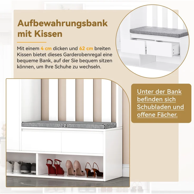 Merax 180cm Flurgarderobe, mit gepolsterter Aufbewahrungsbank, multifunktionaler Flur-Schuhschrank mit Stecktafel, moderne Garderobe mit 4 Haken, Weiß – Bild 8
