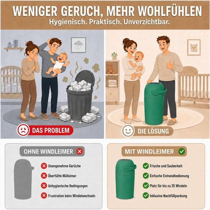 Set Magic Windeleimer, Abfalleimer mit Geruchsstopp, ohne Kassette + Windel | Hygienischer Mülleimer Geruchsdicht für Windeln ohne Kassette, Hygieneeimer für Windelentsorgung, Bad, Kinderzimmer, Küche – Bild 6