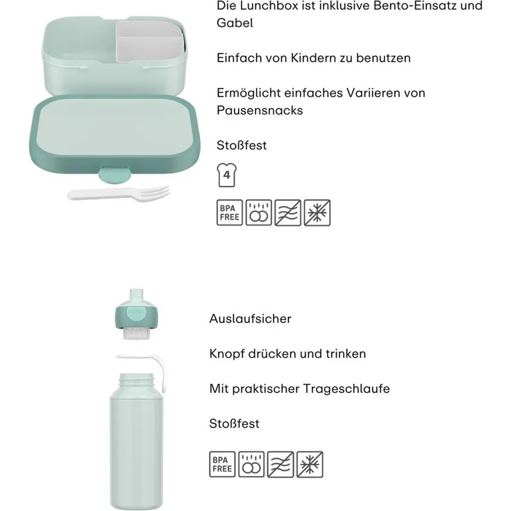 Mepal 'Campus' Lunch-Set mit Pop-up Trinkflasche & Lunch Box, Kunststoff Cool Mint / Cool Blue, 400 ml / 750 ml – Bild 2