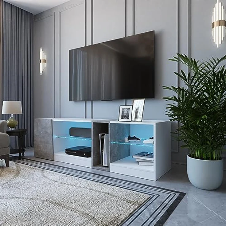 Mondeer TV Schrank, LED TV Lowboard Fernsehtisch mit 5 offenen Fächern und 1 Tür Geeignet, für Wohnzimmer Schlafzimmer, B140 x H45 x T37,5 cm, Weiß und Grau – Bild 8