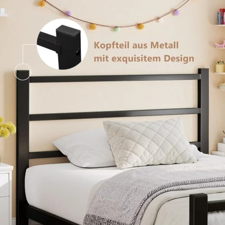 Feonase Einzelbettgestell aus Metall mit stilvollem Kopfteil und Fußteil, Einzelbettgestell, einfache Montage, reichlich Stauraum unter dem Bett (schwarz, 90x200 cm) – Bild 4