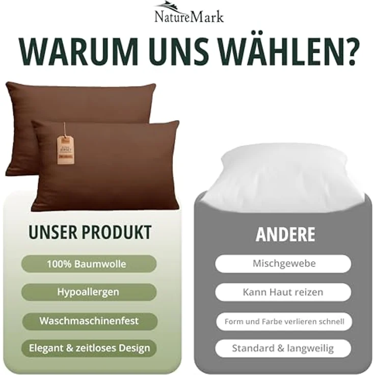 NatureMark 2er Pack Jersey Kissenbezug Kissenhülle Kissenbezüge Seitenschläferkissen Nackenkissen viele Größen und Farben ÖKO-TEX (40x60 cm (Nackenkissen geeignet), Schoko braun) – Bild 8