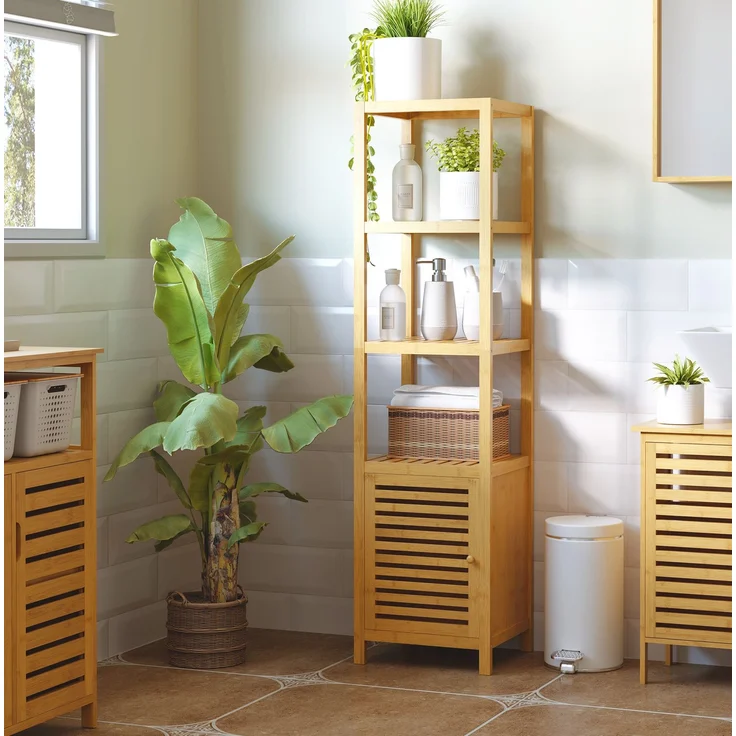 Badezimmerschrank aus Bambus mit 3 offenen Fächern, 36x33x140 cm, Naturholz – Bild 1