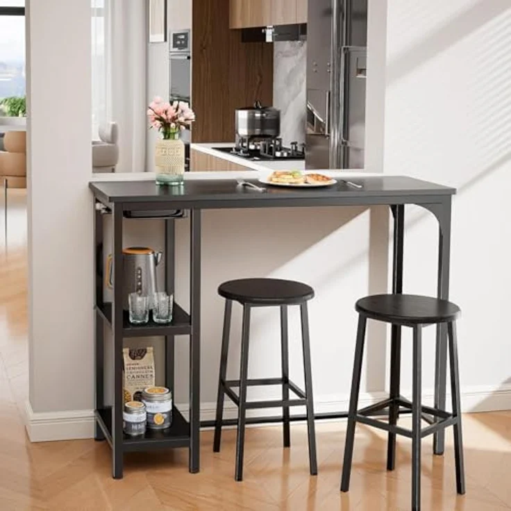 Bealife Bartisch mit Barhocker-Set, Kneipentisch-Set mit 2 Ablagen und Glashalter, Küchen-Bartisch-Set für Küche, Wohnzimmer, Esszimmer (Schwarz) – Bild 6