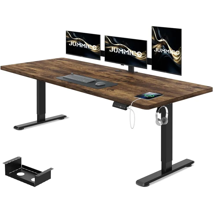 JUMMICO Höhenverstellbarer Schreibtisch (140x70 cm), Elektrisch Steh Schreibtische mit Tischplatte 2-Fach-Teleskop, mit 4 Memory-Funktionen und Stufenlos Verstellbar (Schwarz + Vintage-Braun)