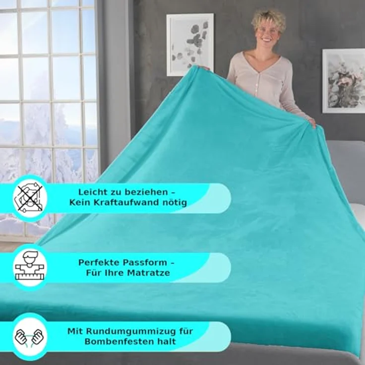 MALIKA® Premium warme Spannbettlaken Cashmere-Touch Bettlaken Jersey Fleece Spannbetttuch Laken, Farbe:Petrol, Größe:120x200 cm – Bild 6