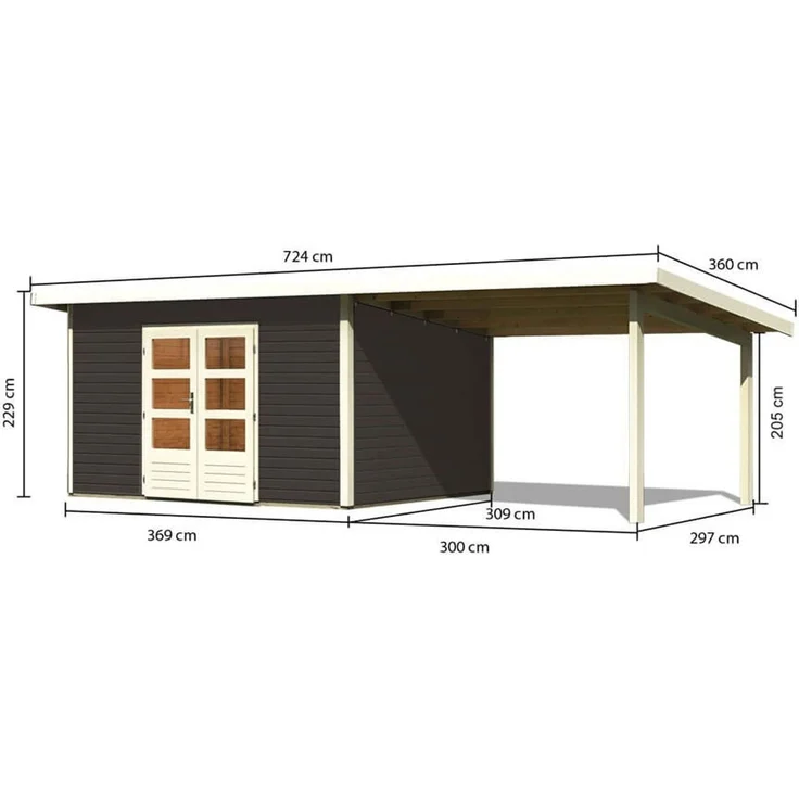 Gartenhaus Northeim 4 - 369x309 cm plus Anbaudach 3,30m mit Rückwand, 38 mm Holz terragrau, Karibu – Bild 2