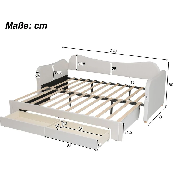 Schlafsofa mit Bettfunktion, Schubladen, Lattenrost, USB und Type-C, 90x200cm/180x200cm, Liegefläche erweiterbar, Polsterbett, Samt – Bild 7