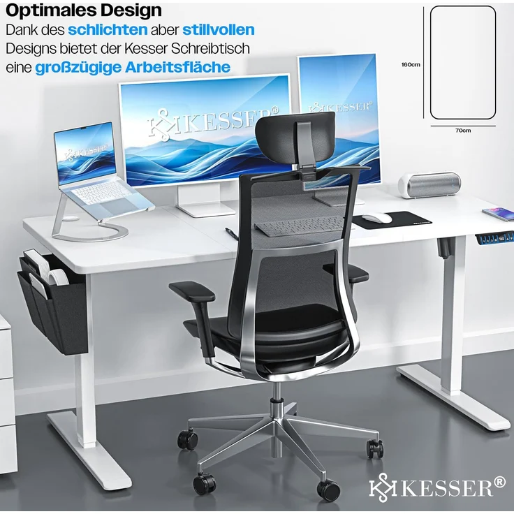 KESSER® Höhenverstellbarer Schreibtisch elektrisch | Ergonomisch Steh-Sitz Schreibtisch | 3-Funktions-Memory Steuerung | Inkl. 360° Rollen & USB-Ladeanschluss | Computertisch für Homeoffice Weiß, 160 x 70 cm – Bild 4
