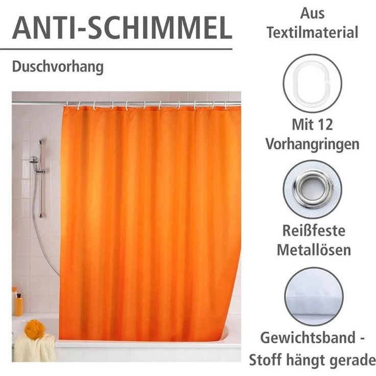 WENKO UNI Duschvorhang 180 x 200 cm, Orange, waschbar – Bild 3