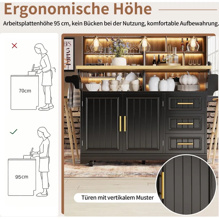 Abrihome Multifunktionale Kücheninsel Küchenbuffet Sideboard, Schwarz, auf Rollen, Esstisch-Erweiterung – Bild 6