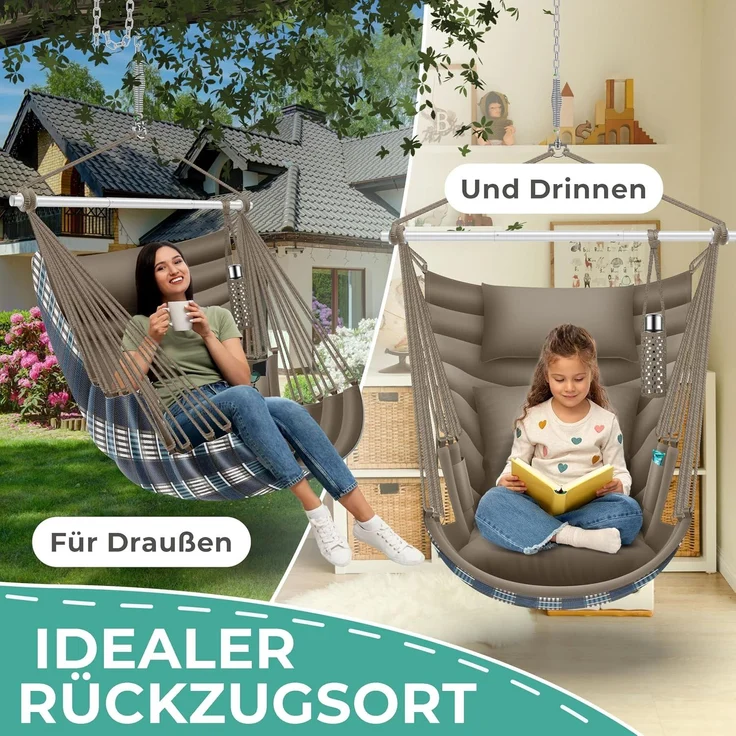 KESSER® Hängesessel Haiti 150kg Traglast, Hängestuhl 360° Drehung, Hängeschaukel Indoor-Outdoor UV-beständig & Wasserfest, Pflegeleicht, Inkl. 2 Kissen, Tragetasche, Flaschenhalter & Montage-Set Mocca – Bild 5