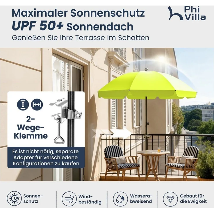 PHI VILLA Sonnenschirm, Höhenverstellbar mit Hülle & Klemme, Strandschirm Kippbar Windfest Stabil zum Mitnehmen – Bild 4