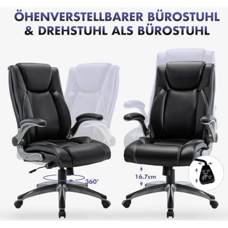 COLAMY Bürostuhl Ergonomisch, Ergonomischer Büro 360° Drehstuhl für Office, Chefsessel mit Hoher Rückenlehne, Schreibtischstuhl Lederstuhl mit Verstellbarer Neigungsverschluss, Schwarz – Bild 6