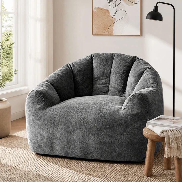 Sitzsack, Flanell, rund, mit ergonomischer Kontur & komprimierter Verpackung, 99x86,3x64,7 cm, Grau – Bild 1