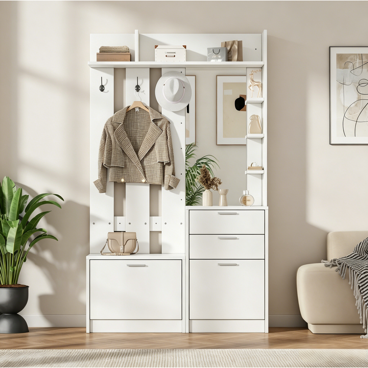 DESVIAE Garderobenschrank Weiß aus MDF – 110x185x34 cm – Spiegel, 2 Schuhschränke – Bild 2