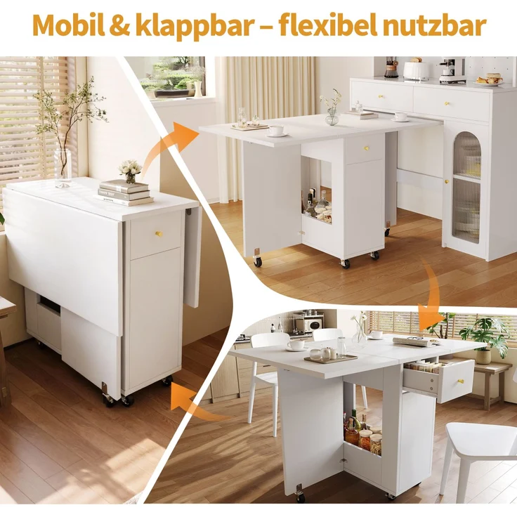 Esstisch 120x75x75 cm klappbar mit Stauraum, 2 Schubladen und Rollen – Bild 9