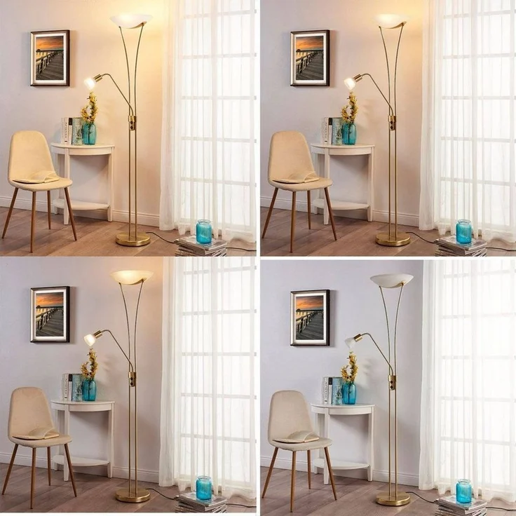 Lindby Stehlampe Felicia, Metall, Gold / Messing IP20, 2 x 15 W LED E27 + 1 x 10 W LED E14 – Bild 3