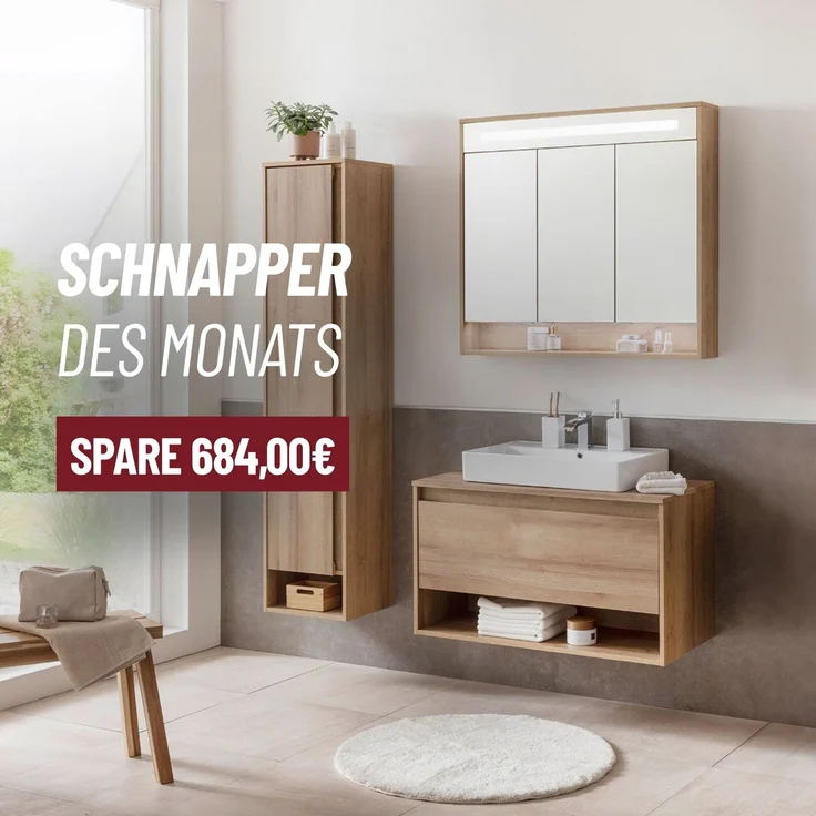 Fackelmann NATURA Badmöbel Set 4-teilig, 94 cm, Braun hell + Spiegelschrank + Hochschrank links – Bild 1