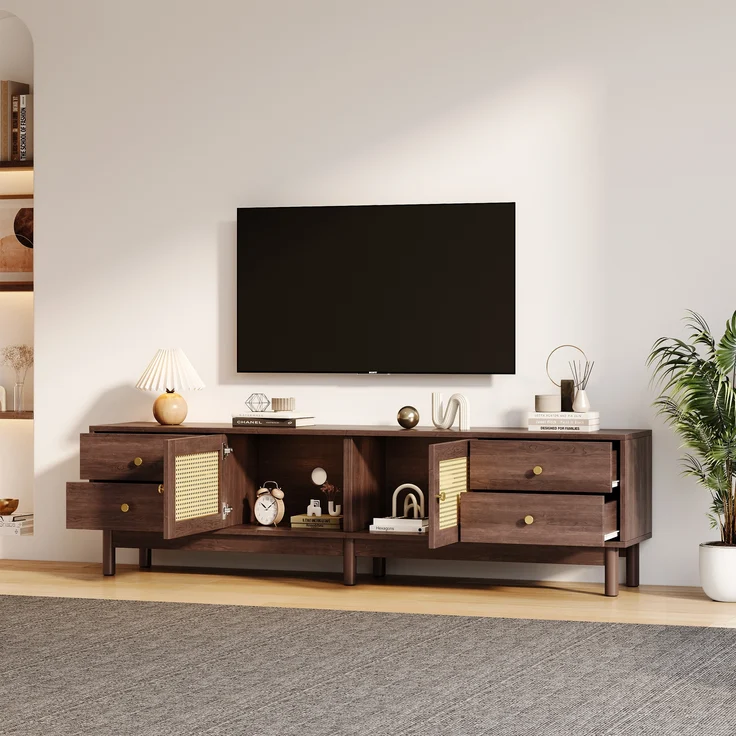 TV-Schrank, mit 2 Rattantüren, 4 Schubladen & Kabelmanagement, 180x35x44 cm, Braun – Bild 3