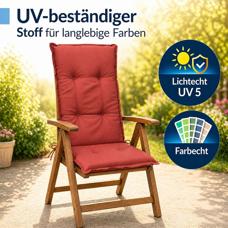 BURI 6x Hochlehner Auflage 117x49x6 cm - wetterfeste Gartenstuhlauflage mit Schaumkern & Vollvlies, Halteband & Bindebänder, bequemes Stuhlpolster für Balkon, Terrasse & Garten (Rot) – Bild 5