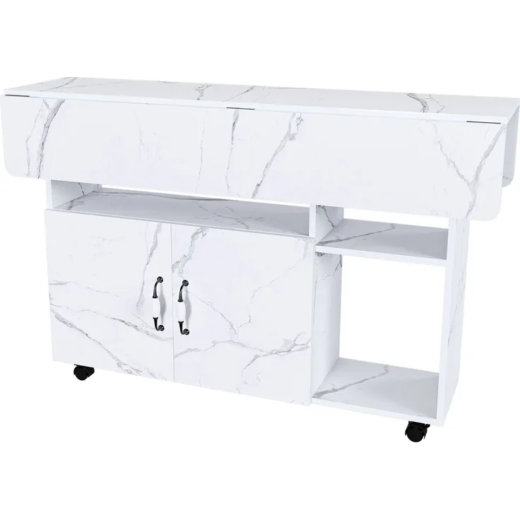 Flieks Mobile Kücheninsel 110x70x80 cm, klappbarer Küchentisch mit Rollen, Ablageböden & Stauraum, Esstisch und Sideboard, Weißes Marmormuster