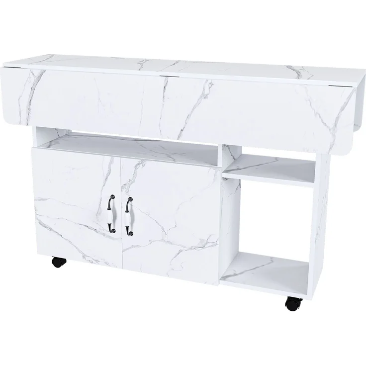 Flieks Mobile Kücheninsel 110x70x80 cm, klappbarer Küchentisch mit Rollen, Ablageböden & Stauraum, Esstisch und Sideboard, Weißes Marmormuster – Bild 1