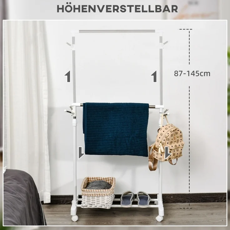 Garderobenständer 68,5x42x87-145 cm, höhenverstellbar mit Ablage und Rollen, Weiß – Bild 6